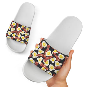 Black Fried Egg And Bacon Pattern Print White Slide Sandals