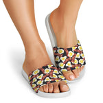 Black Fried Egg And Bacon Pattern Print White Slide Sandals