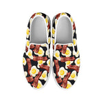 Black Fried Egg And Bacon Pattern Print White Slip On Shoes