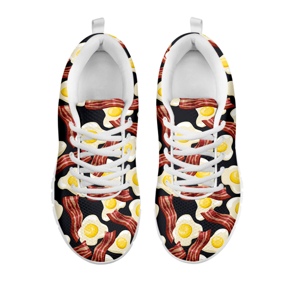 Black Fried Egg And Bacon Pattern Print White Sneakers