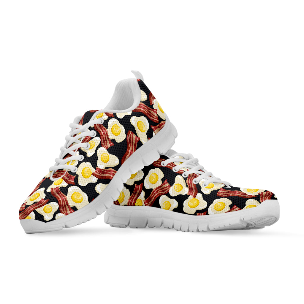Black Fried Egg And Bacon Pattern Print White Sneakers