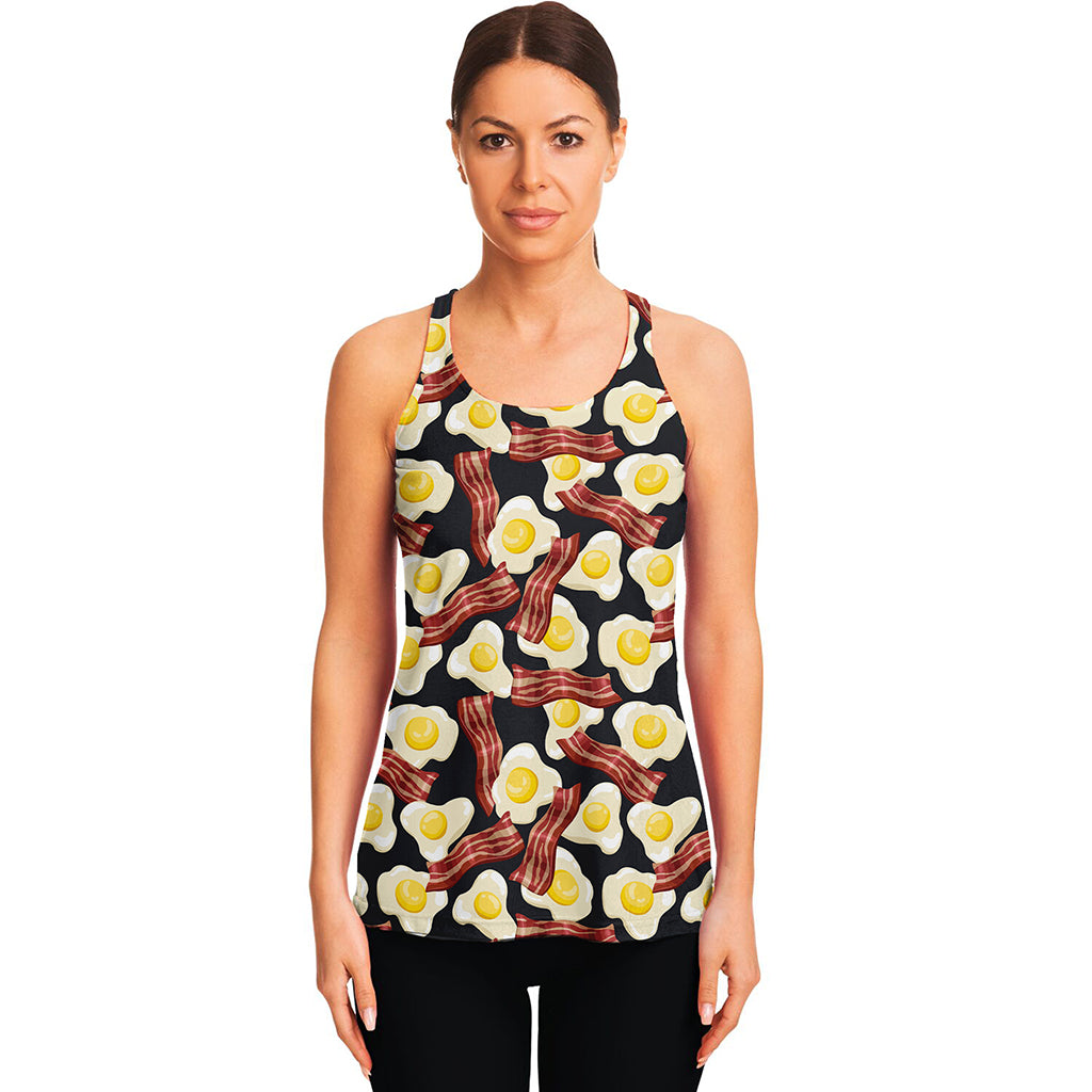 Black Fried Egg And Bacon Pattern Print Women's Racerback Tank Top