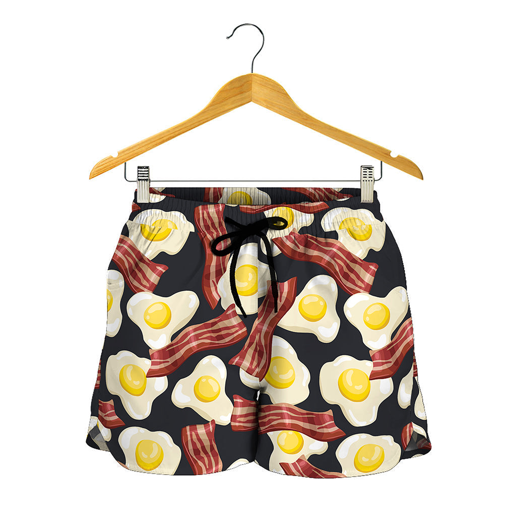 Black Fried Egg And Bacon Pattern Print Women's Shorts