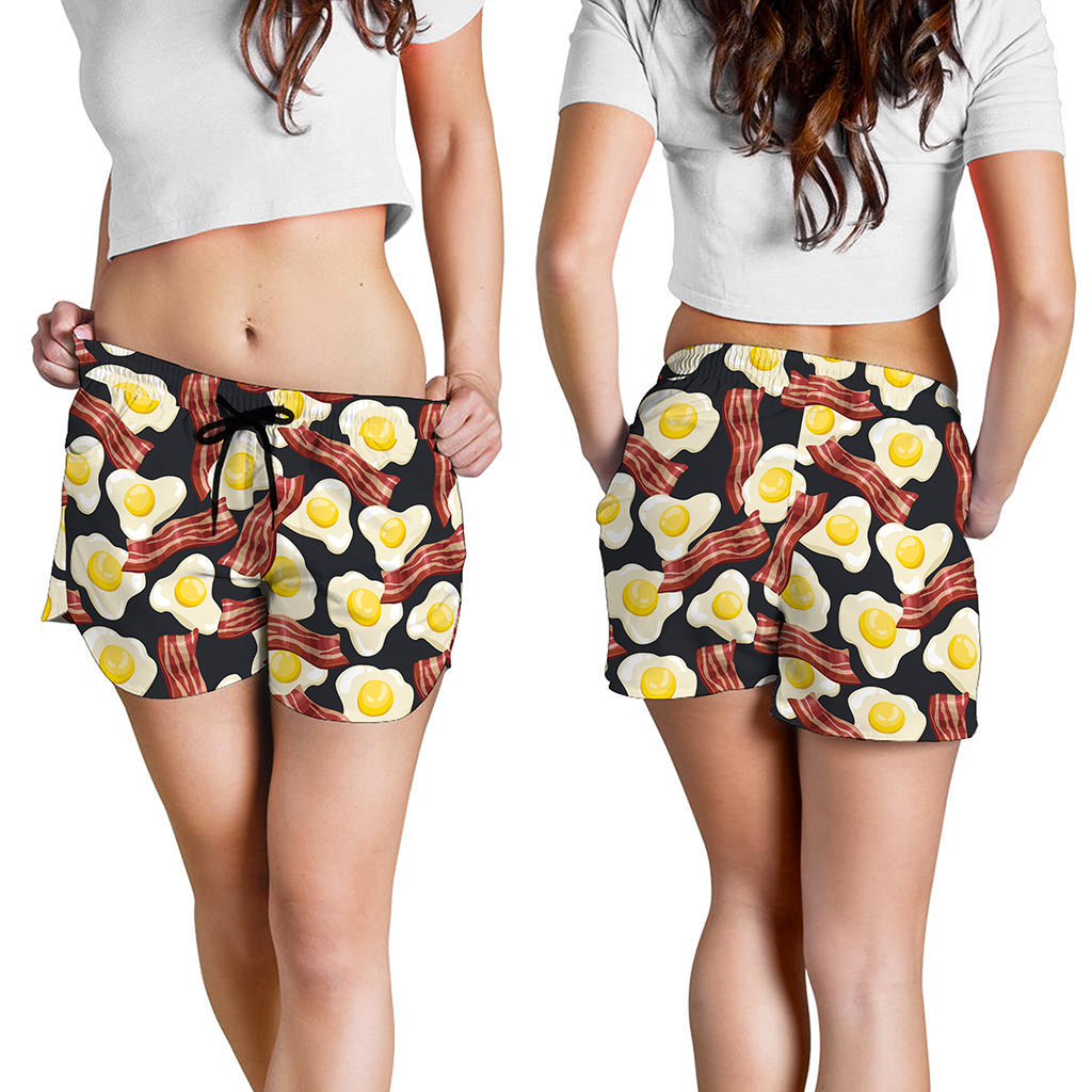 Black Fried Egg And Bacon Pattern Print Women's Shorts