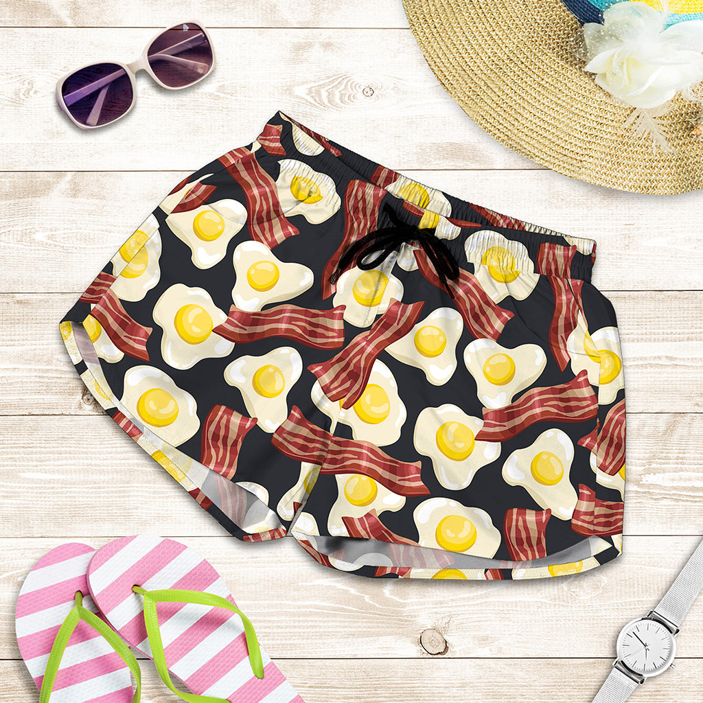 Black Fried Egg And Bacon Pattern Print Women's Shorts