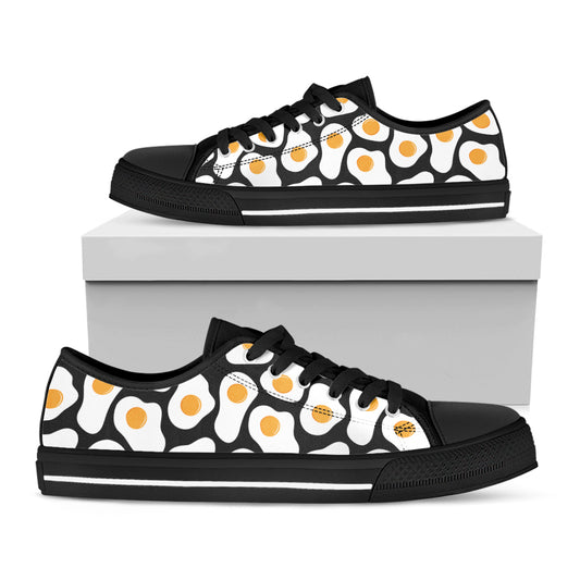Black Fried Eggs Pattern Print Black Low Top Shoes