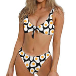 Black Fried Eggs Pattern Print Front Bow Tie Bikini