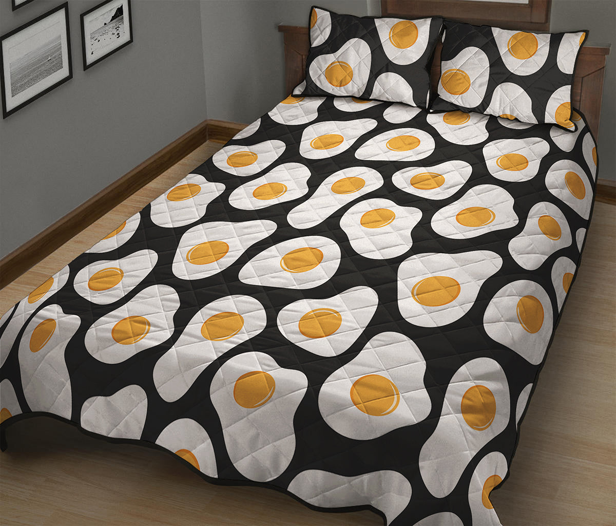 Black Fried Eggs Pattern Print Quilt Bed Set