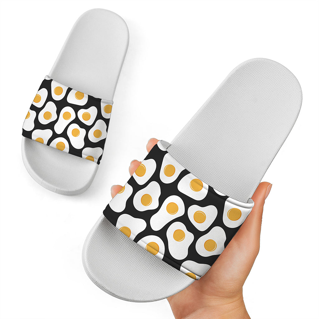 Black Fried Eggs Pattern Print White Slide Sandals