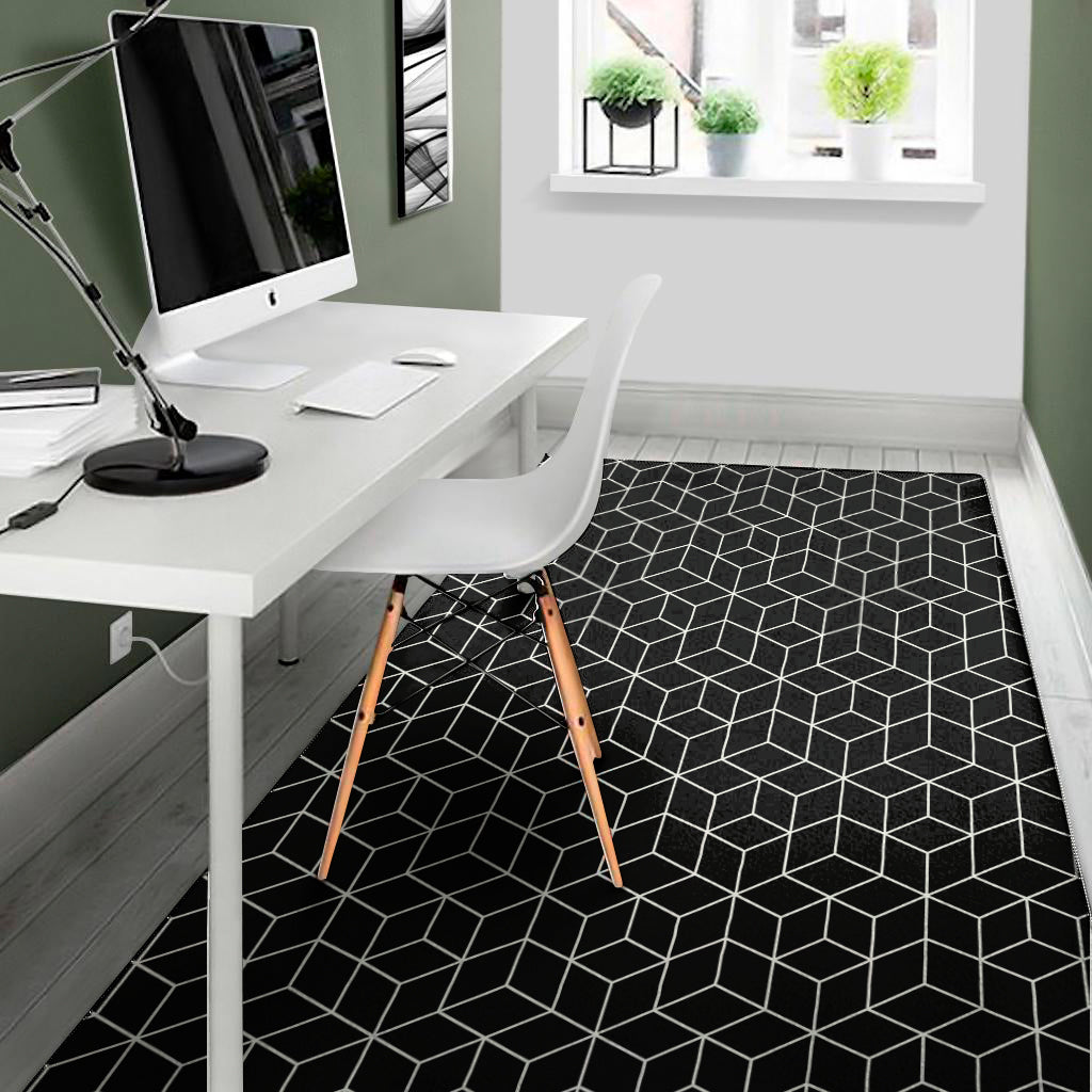 Black Geometric Cube Shape Pattern Print Area Rug