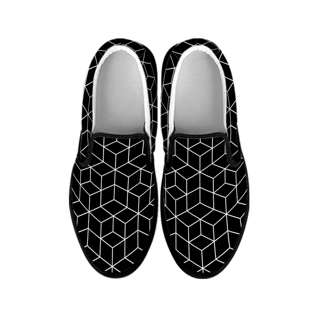 Black Geometric Cube Shape Pattern Print Black Slip On Shoes