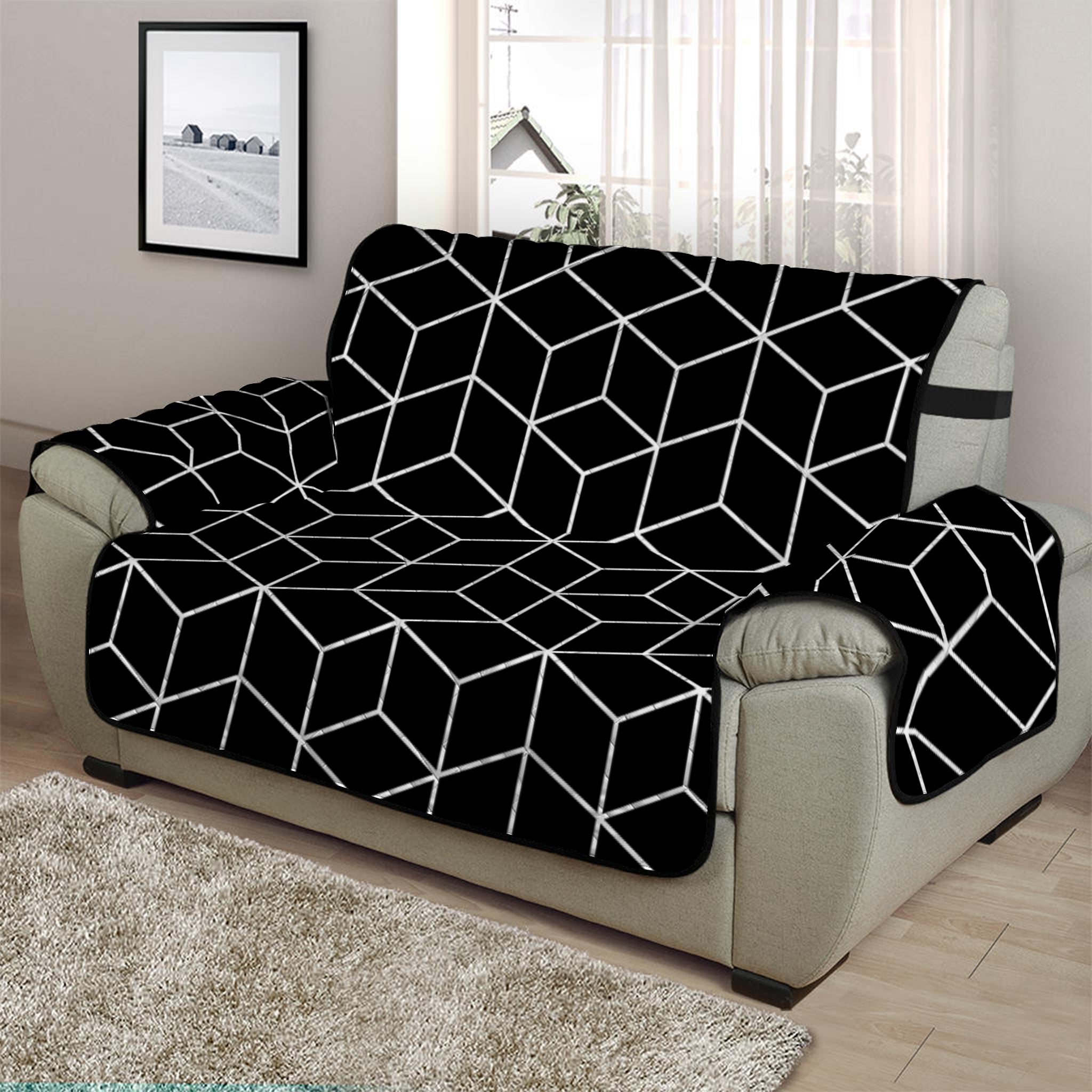 Black Geometric Cube Shape Pattern Print Half Sofa Protector