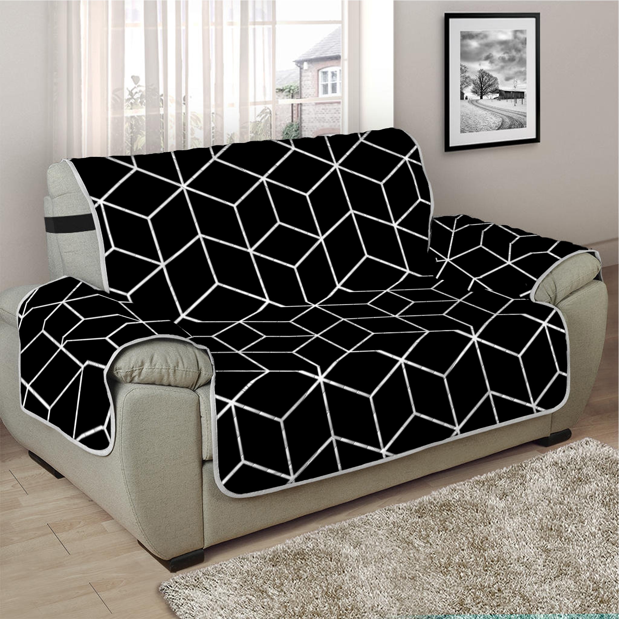 Black Geometric Cube Shape Pattern Print Half Sofa Protector