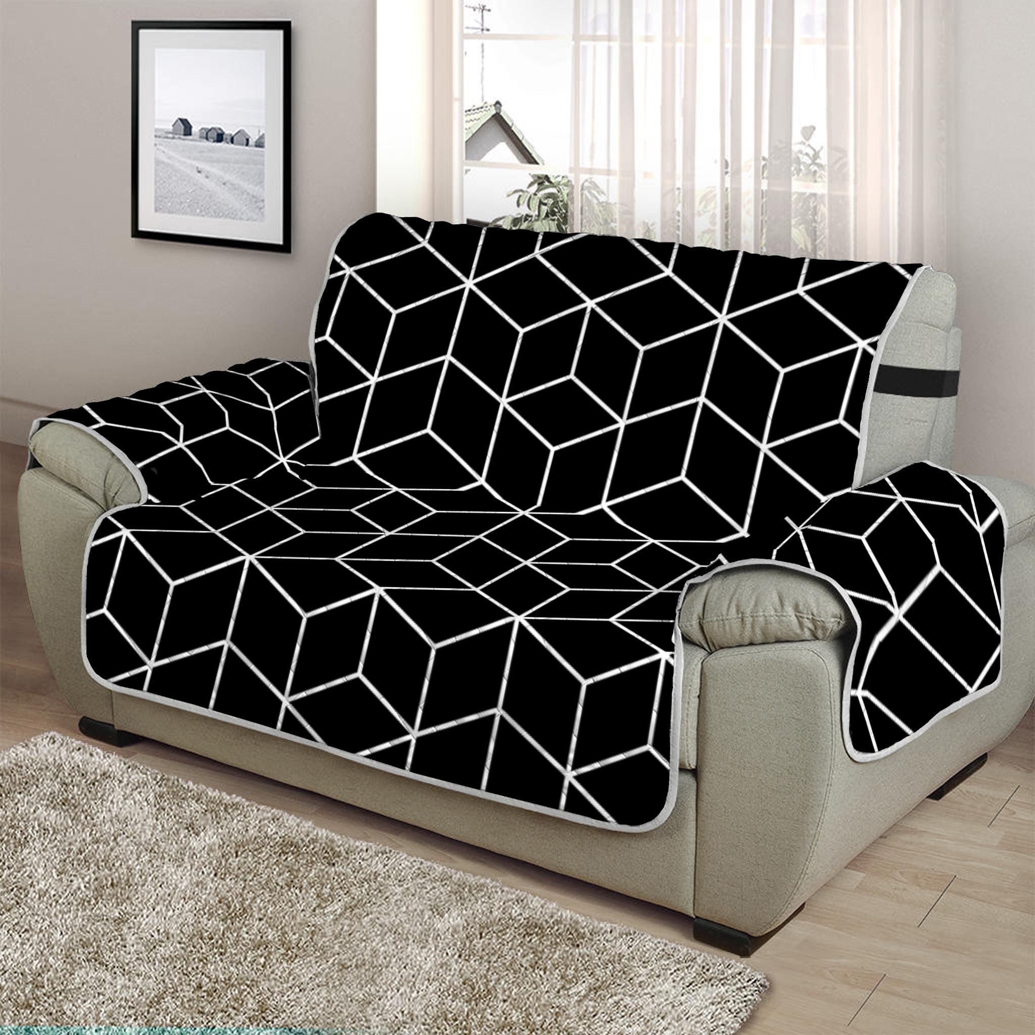 Black Geometric Cube Shape Pattern Print Half Sofa Protector