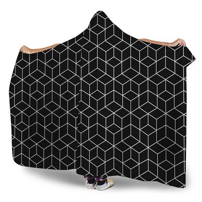 Black Geometric Cube Shape Pattern Print Hooded Blanket