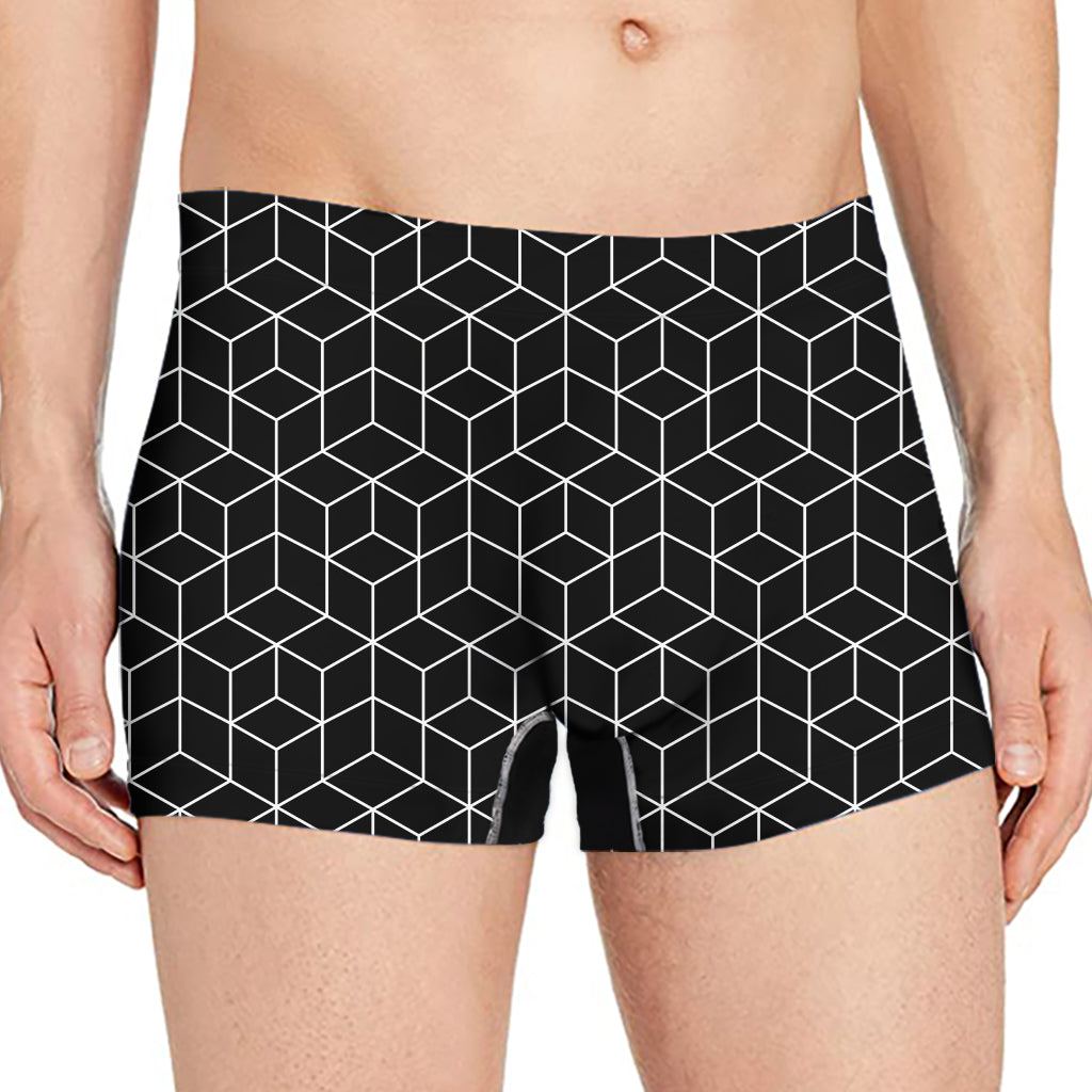 Black Geometric Cube Shape Pattern Print Men's Boxer Briefs