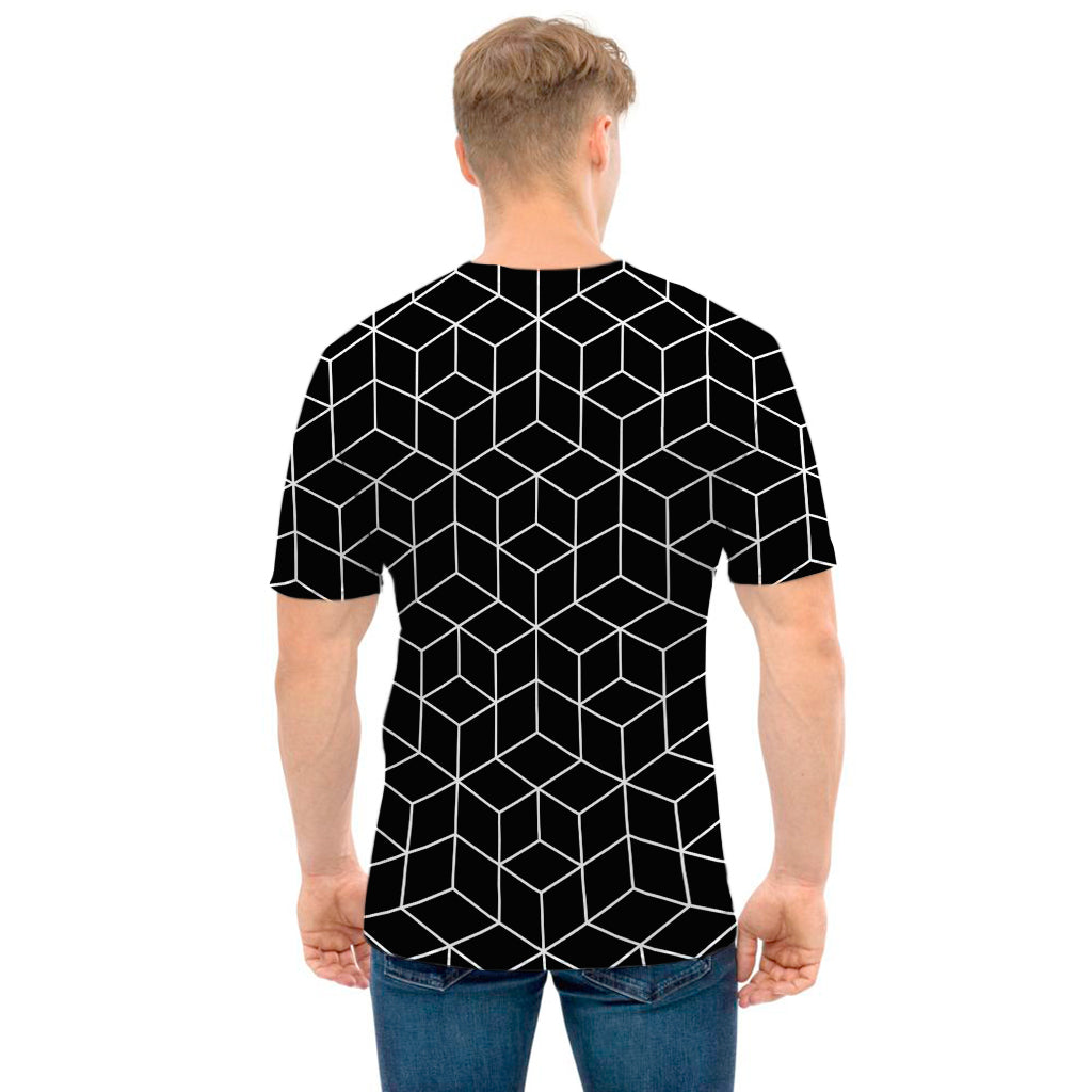 Black Geometric Cube Shape Pattern Print Men's T-Shirt