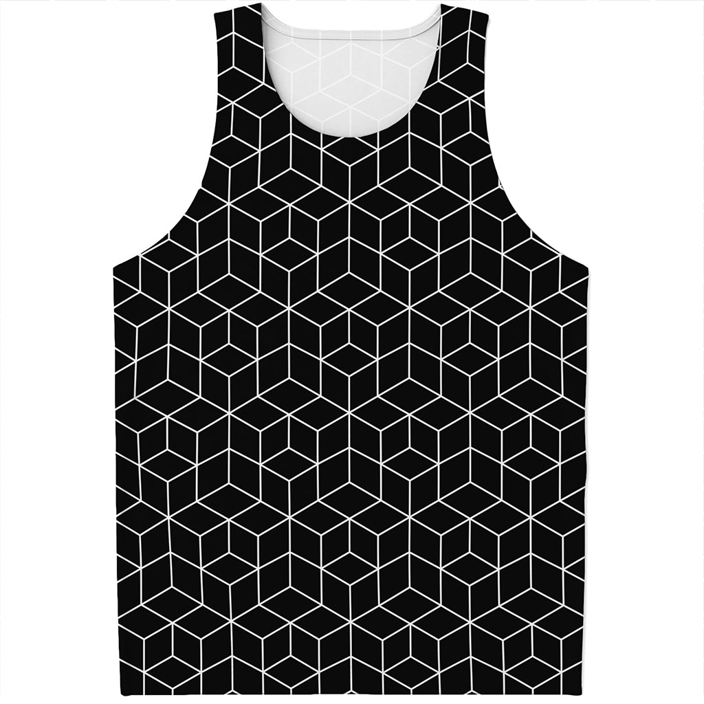 Black Geometric Cube Shape Pattern Print Men's Tank Top