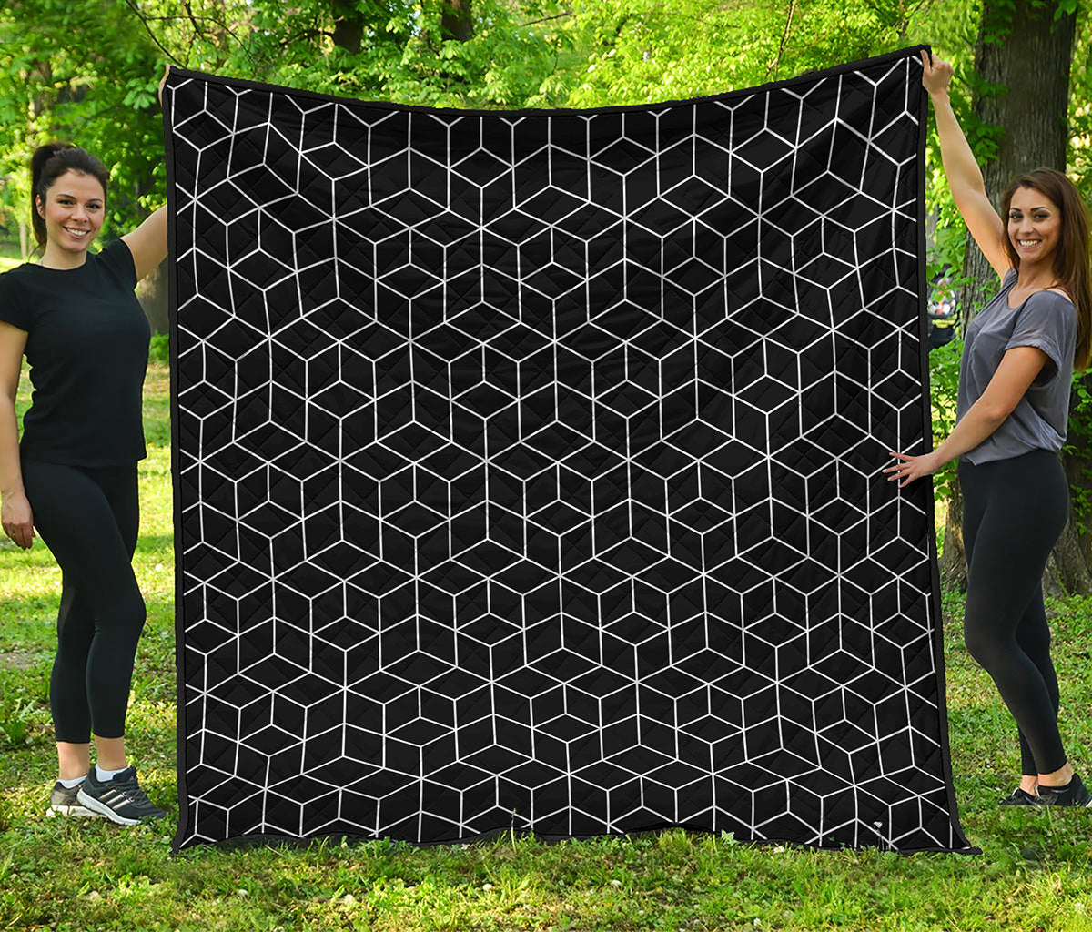 Black Geometric Cube Shape Pattern Print Quilt