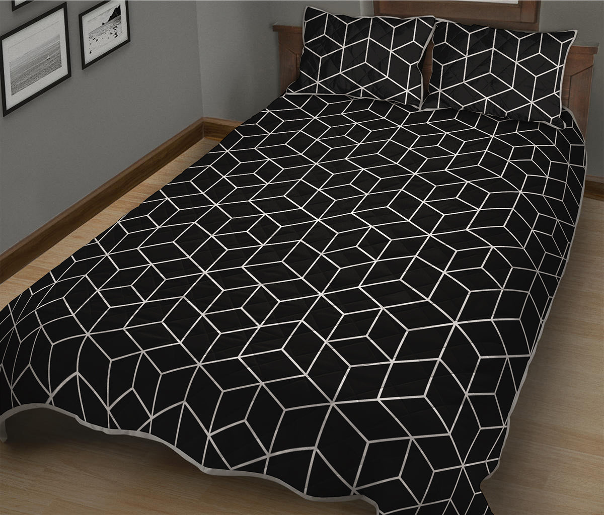 Black Geometric Cube Shape Pattern Print Quilt Bed Set