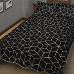 Black Geometric Cube Shape Pattern Print Quilt Bed Set