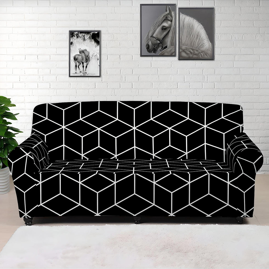 Black Geometric Cube Shape Pattern Print Sofa Cover