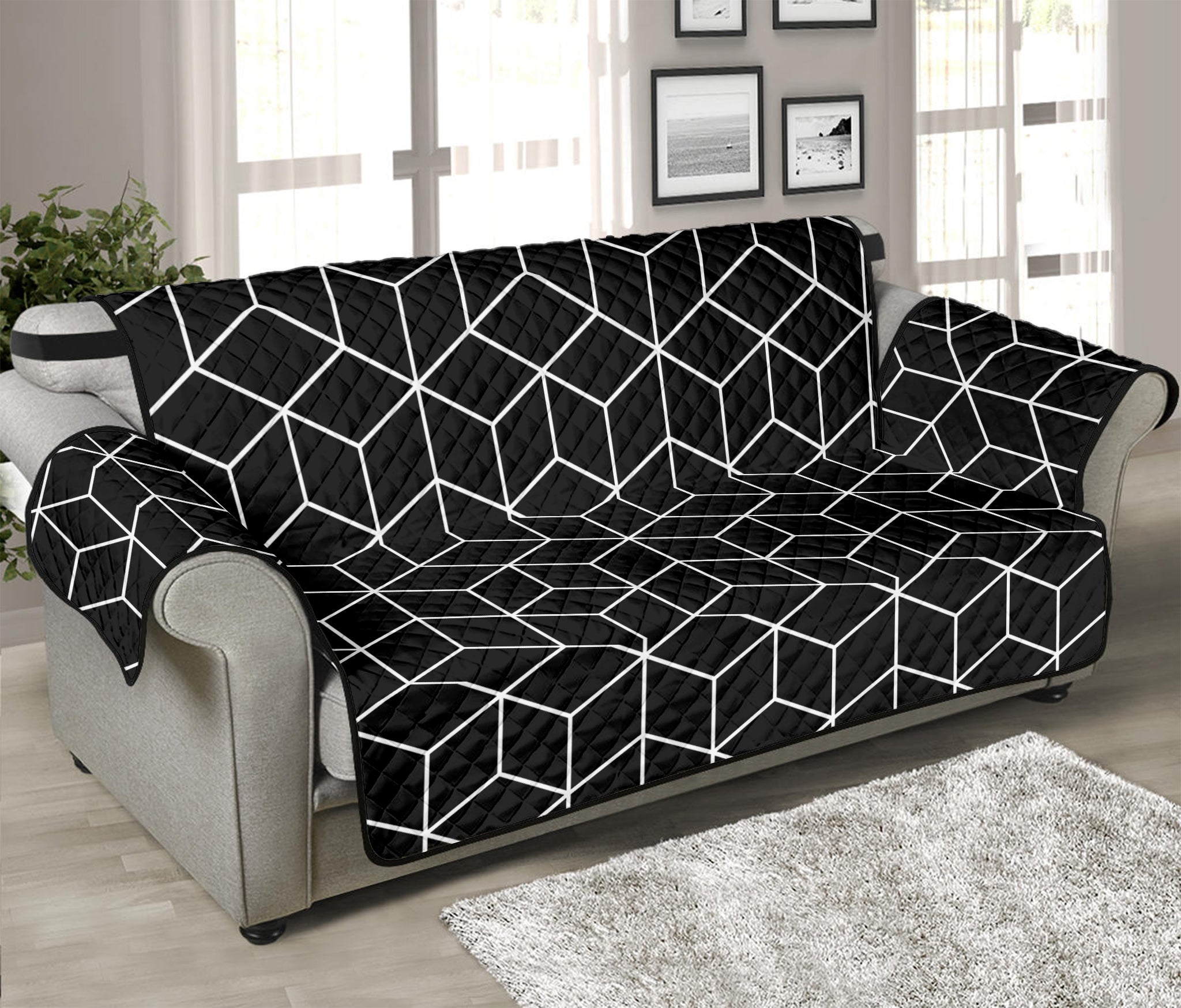 Black Geometric Cube Shape Pattern Print Sofa Protector