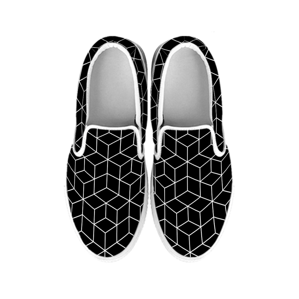 Black Geometric Cube Shape Pattern Print White Slip On Shoes