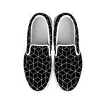 Black Geometric Cube Shape Pattern Print White Slip On Shoes