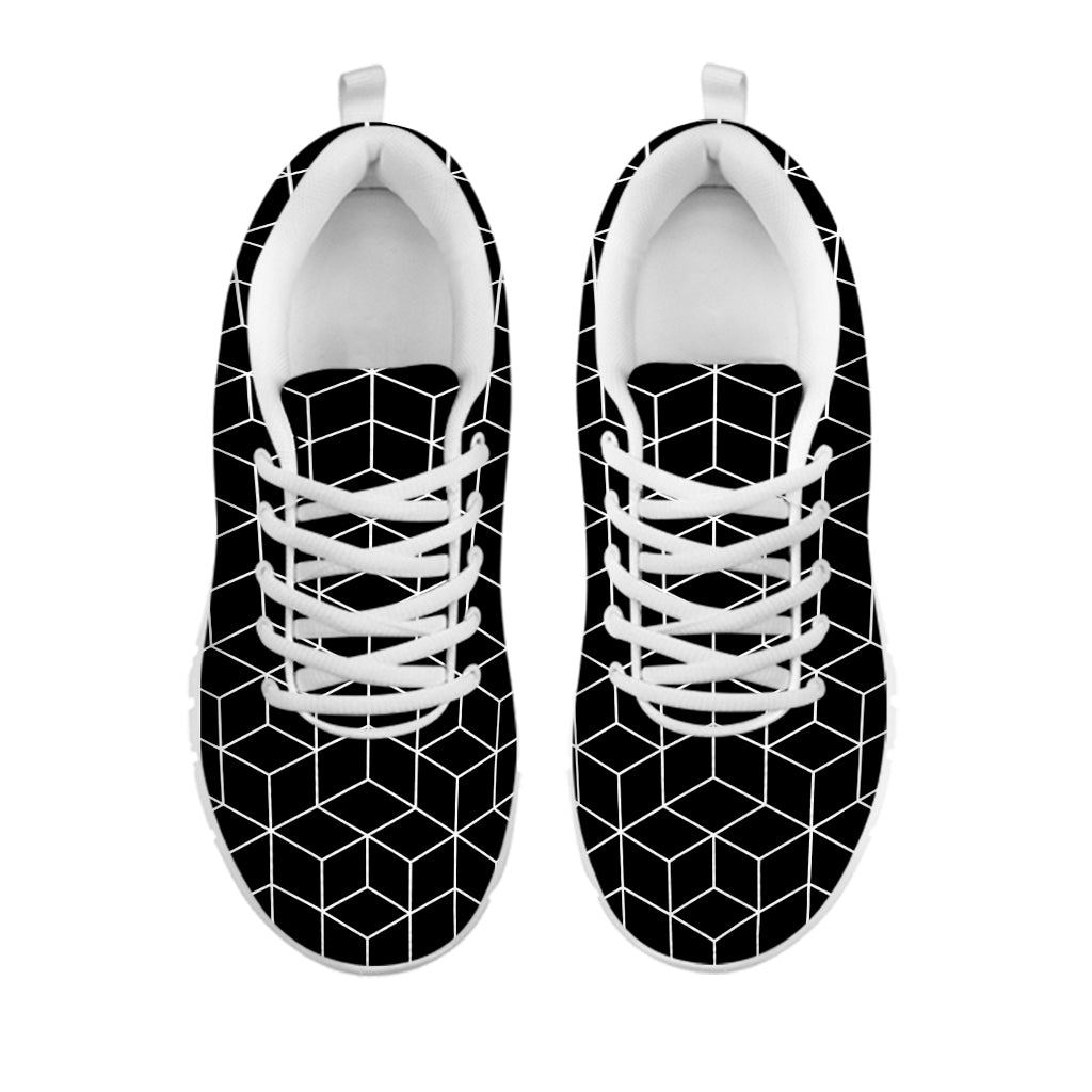 Black Geometric Cube Shape Pattern Print White Sneakers