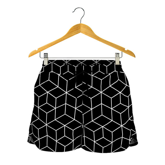 Black Geometric Cube Shape Pattern Print Women's Shorts