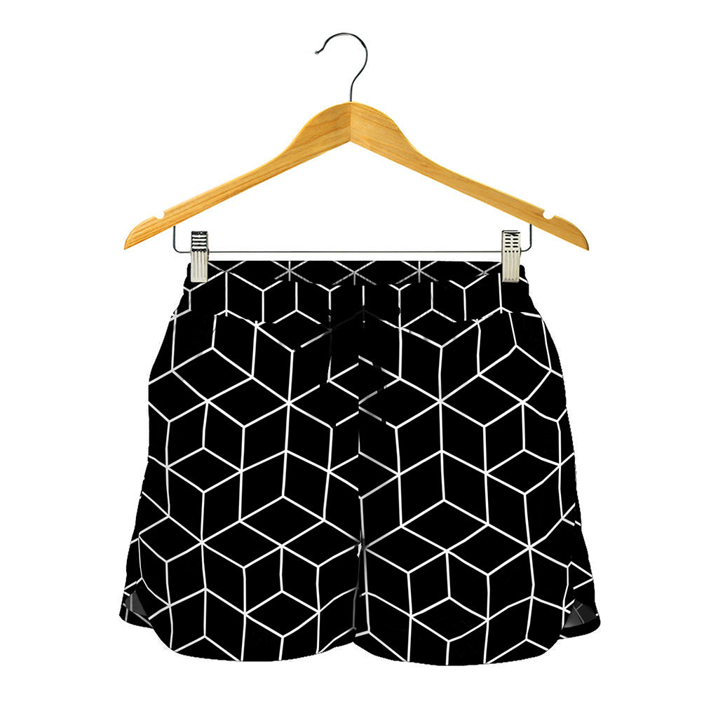 Black Geometric Cube Shape Pattern Print Women's Shorts