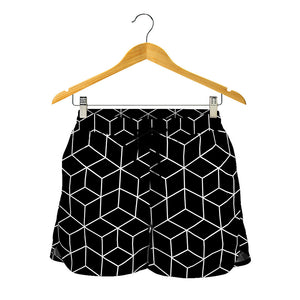 Black Geometric Cube Shape Pattern Print Women's Shorts