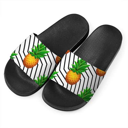 Black Geometric Pineapple Pattern Print Black Slide Sandals