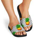 Black Geometric Pineapple Pattern Print Black Slide Sandals
