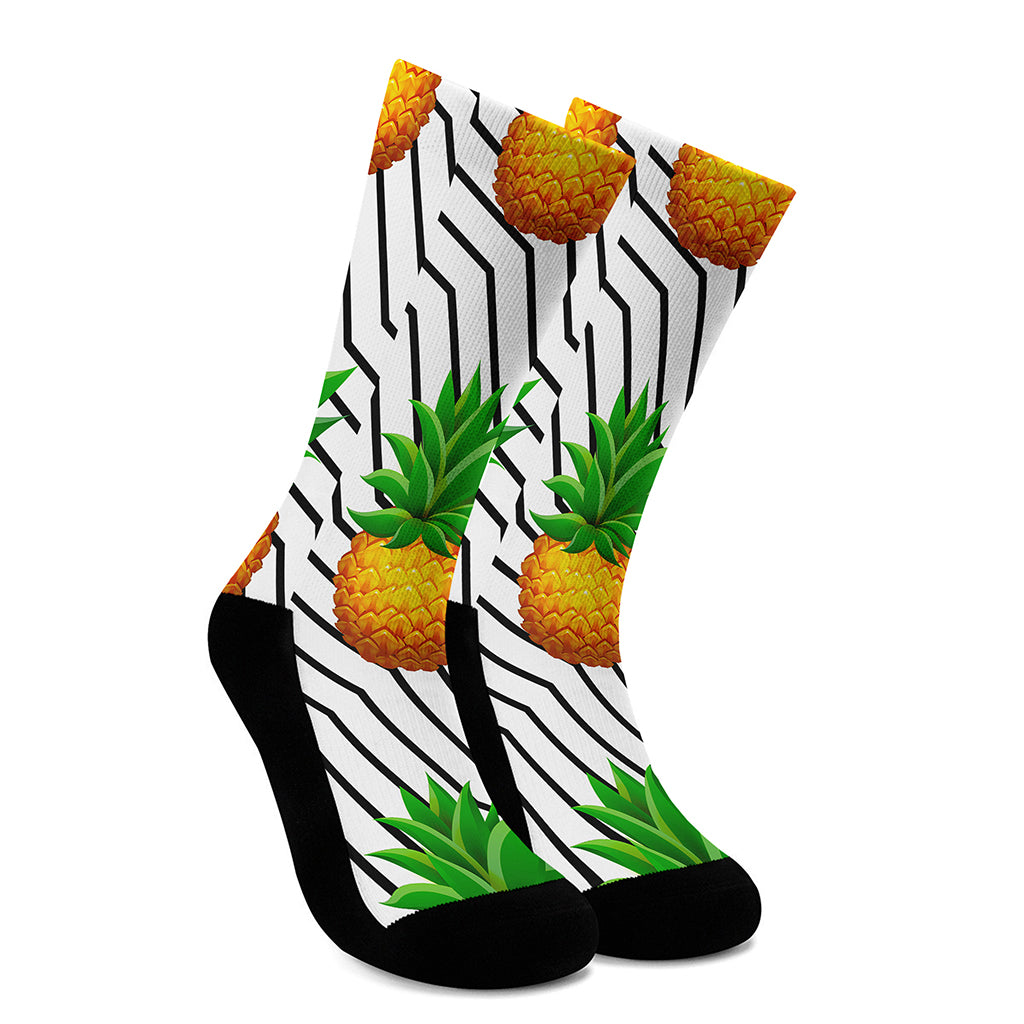 Black Geometric Pineapple Pattern Print Crew Socks
