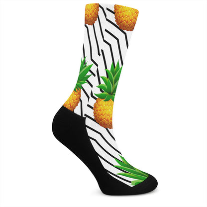 Black Geometric Pineapple Pattern Print Crew Socks