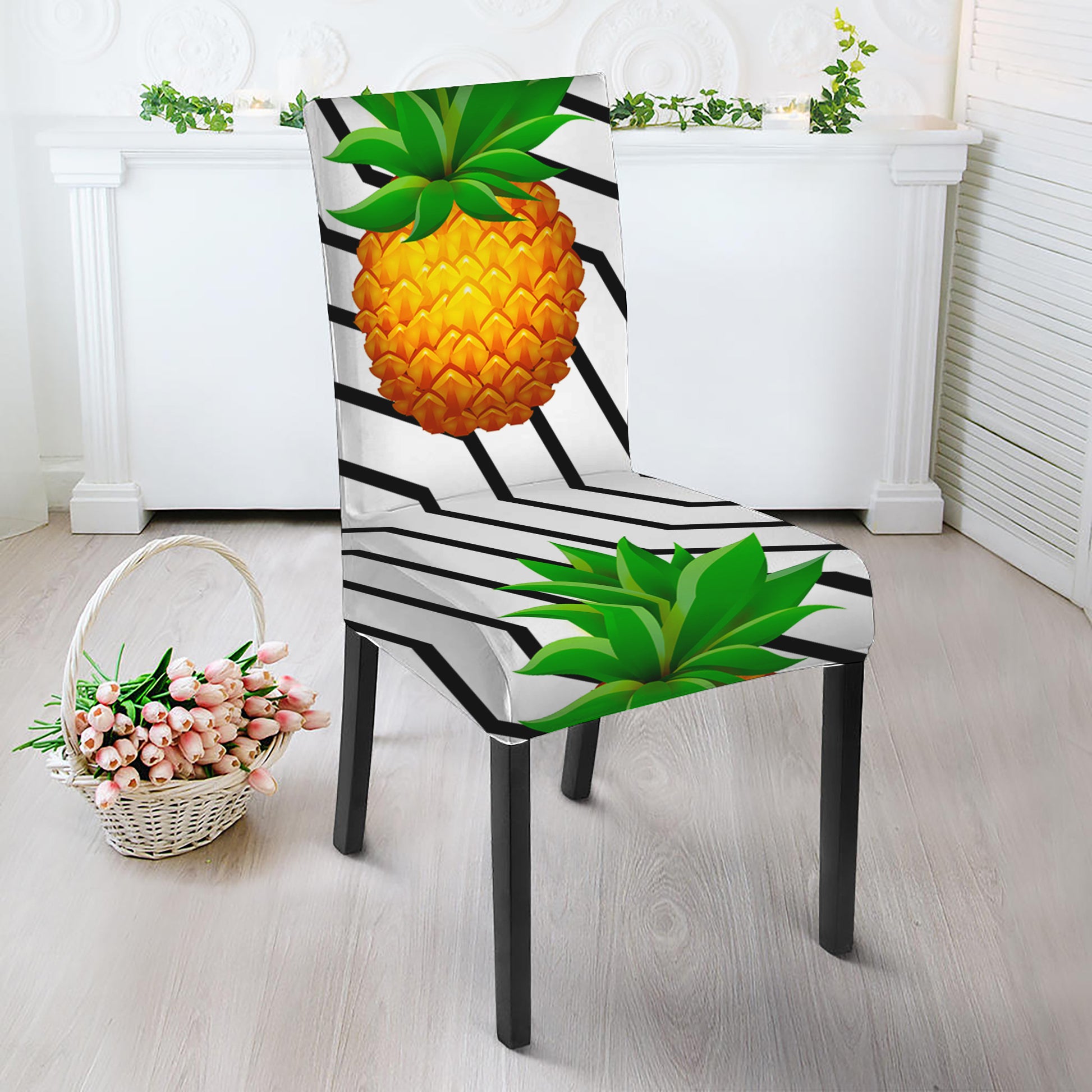 Black Geometric Pineapple Pattern Print Dining Chair Slipcover