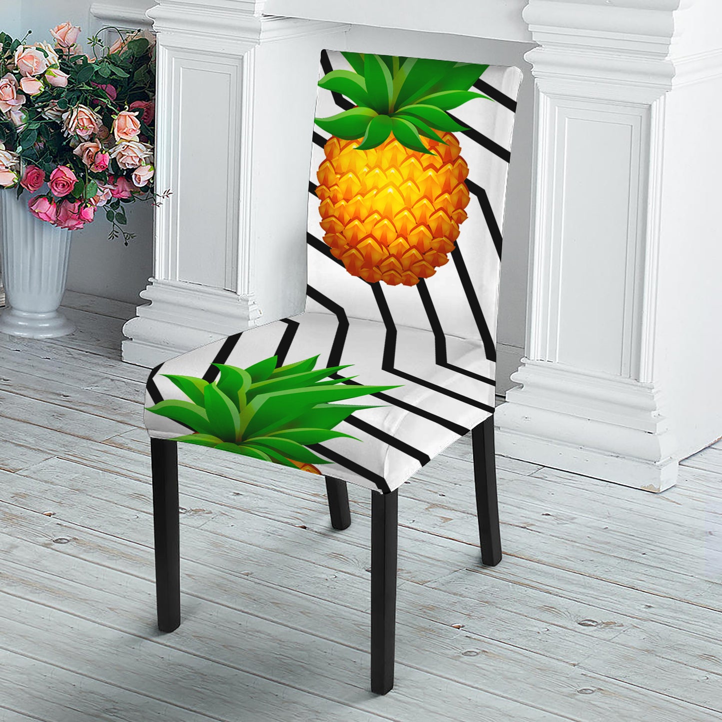 Black Geometric Pineapple Pattern Print Dining Chair Slipcover