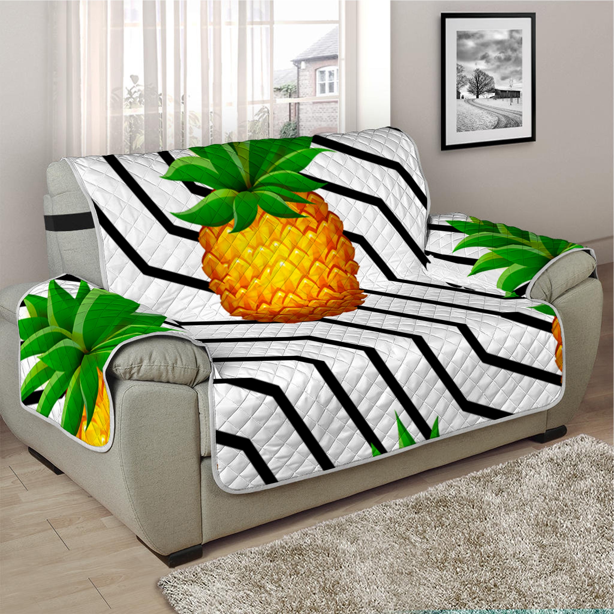 Black Geometric Pineapple Pattern Print Half Sofa Protector