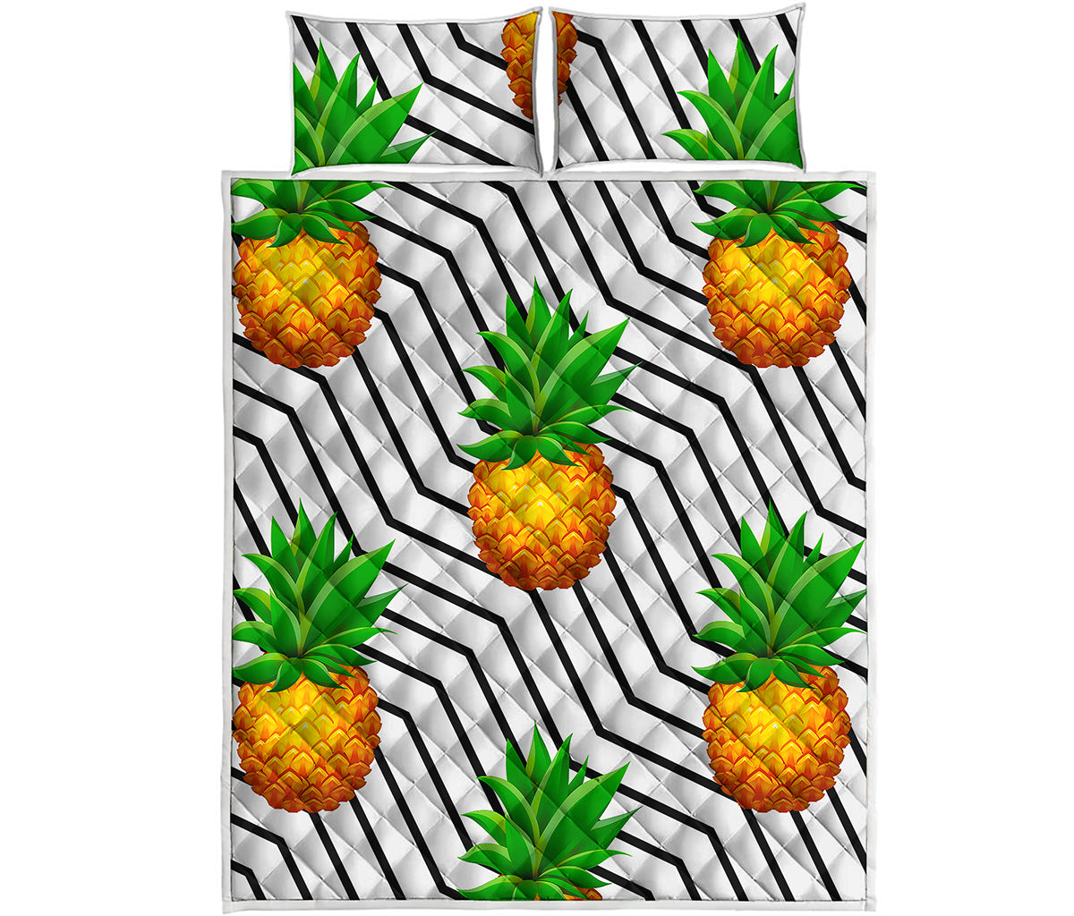 Black Geometric Pineapple Pattern Print Quilt Bed Set