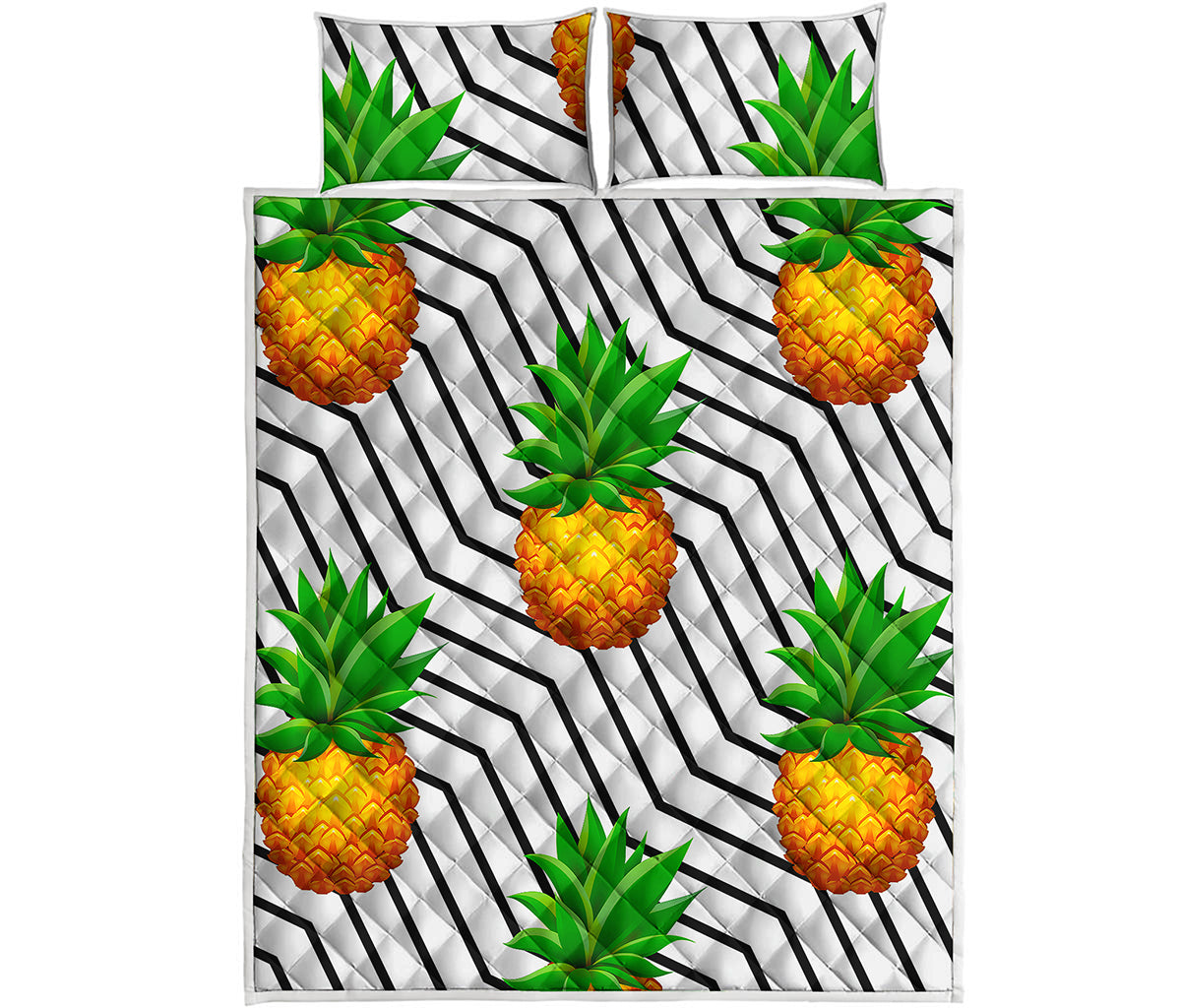 Black Geometric Pineapple Pattern Print Quilt Bed Set