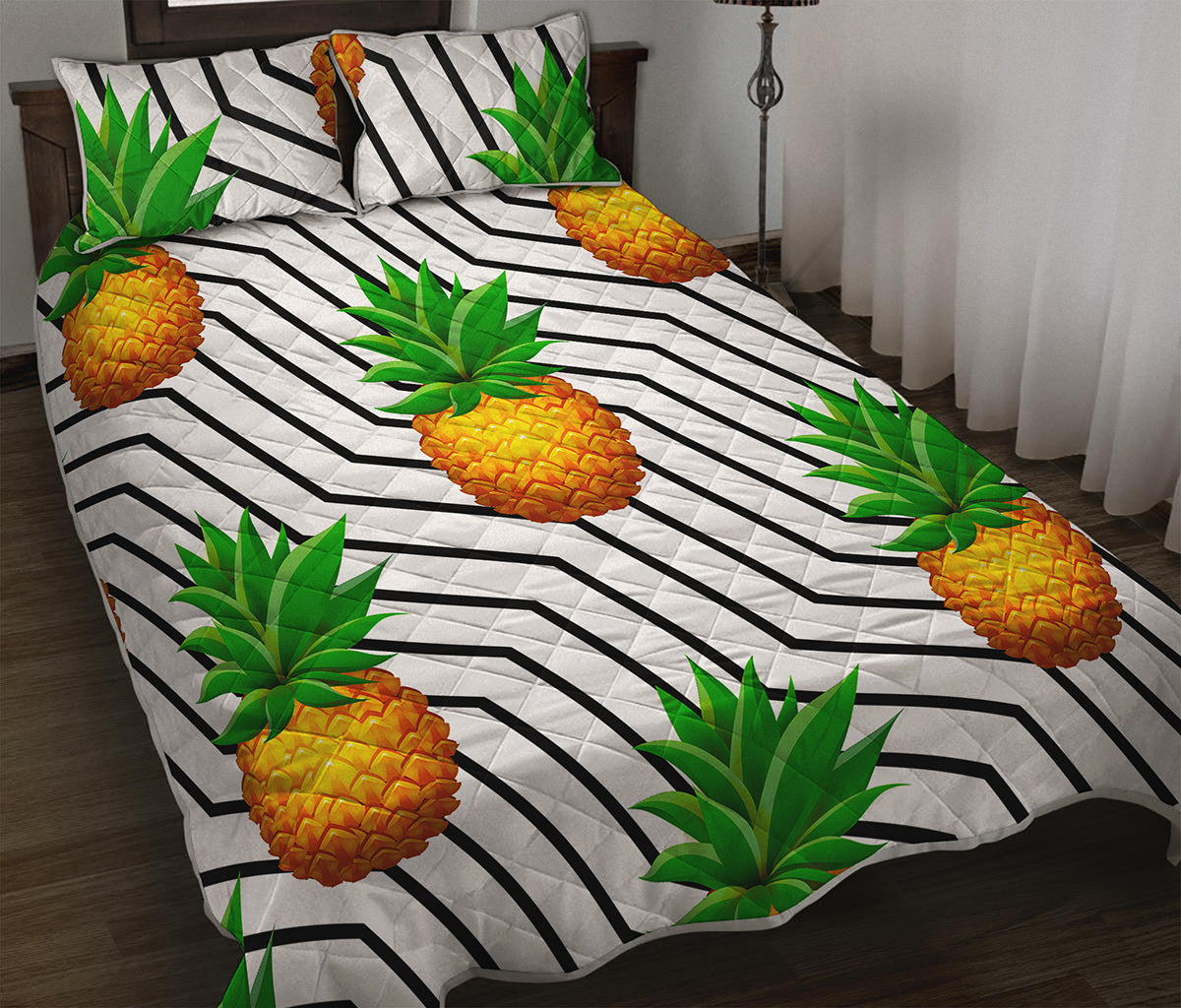 Black Geometric Pineapple Pattern Print Quilt Bed Set