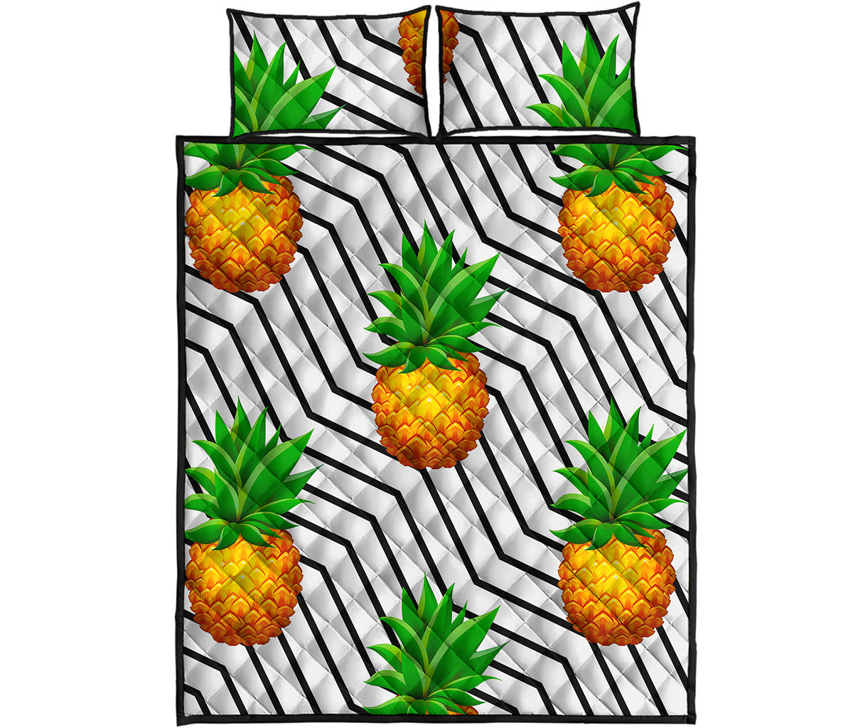 Black Geometric Pineapple Pattern Print Quilt Bed Set