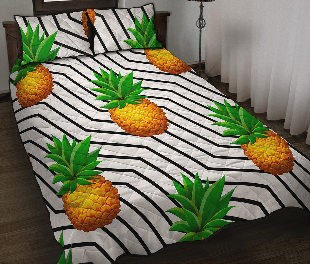 Black Geometric Pineapple Pattern Print Quilt Bed Set