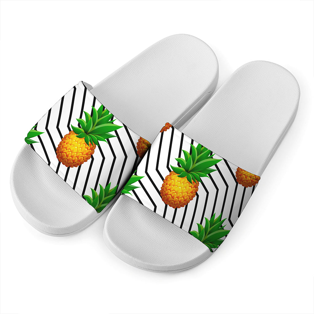 Black Geometric Pineapple Pattern Print White Slide Sandals