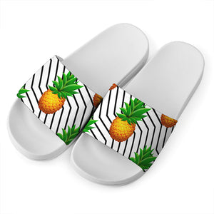 Black Geometric Pineapple Pattern Print White Slide Sandals