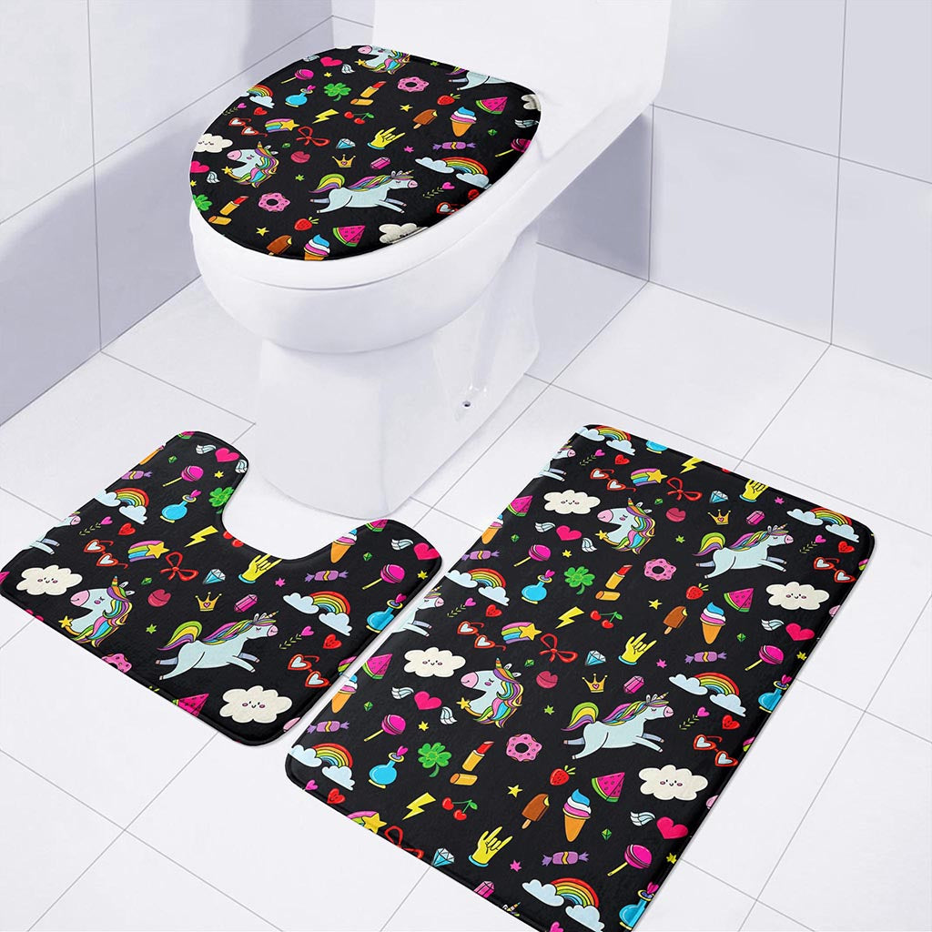 Black Girly Unicorn Pattern Print 3 Piece Bath Mat Set