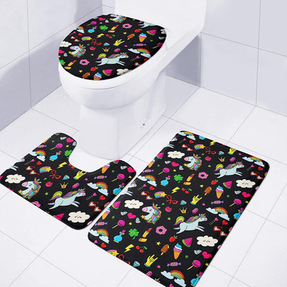 Black Girly Unicorn Pattern Print 3 Piece Bath Mat Set