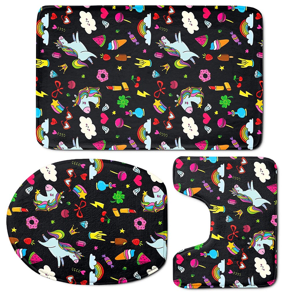 Black Girly Unicorn Pattern Print 3 Piece Bath Mat Set